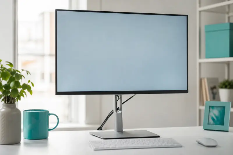 Écran d'ordinateur allumé sur un bureau avec câbles visibles à l'arrière