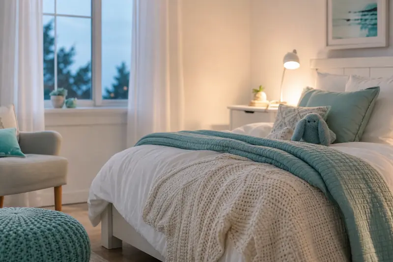 Lit d'enfant avec des draps et une veilleuse dans une chambre calme
