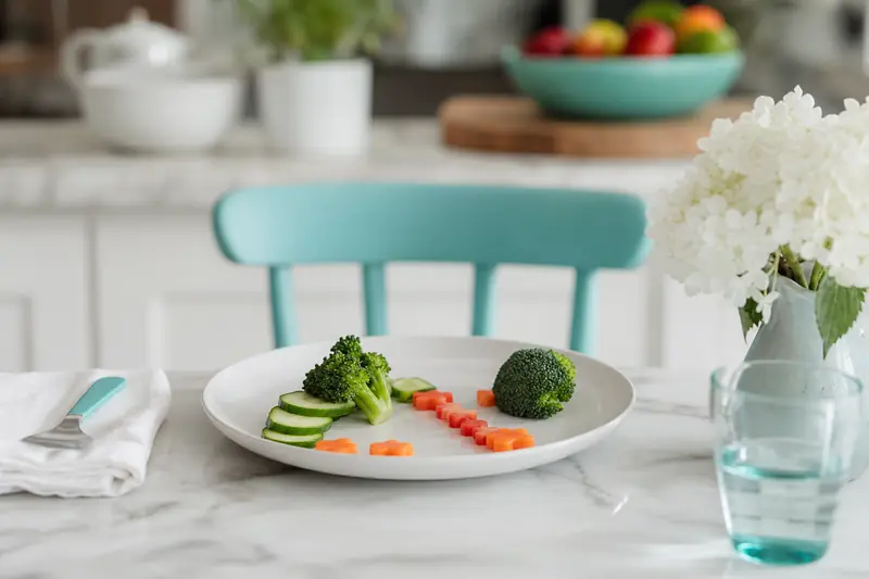 Assiette d'enfant avec des légumes colorés disposés de façon ludique sur une table