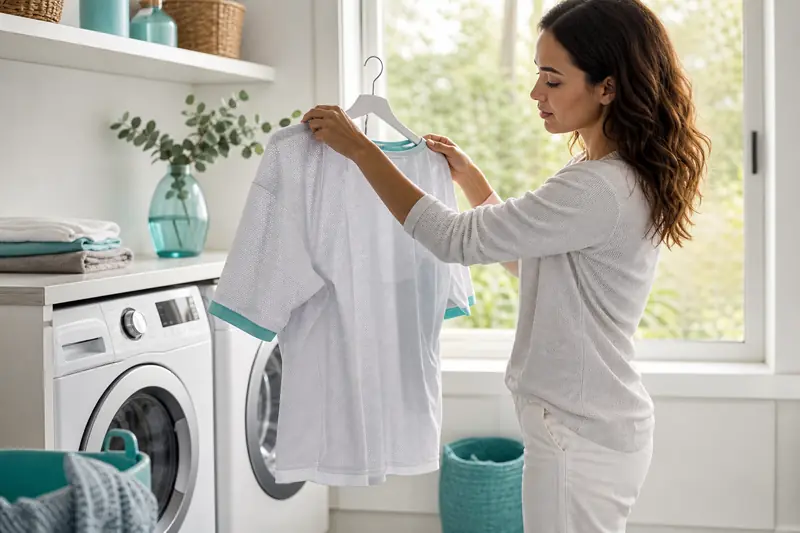 Entretien d’un maillot de foot retourné avant lavage en machine.
