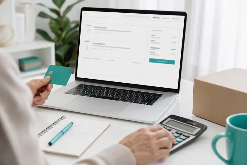 Consommateur comparant un code promo sur ordinateur avant un achat en ligne.