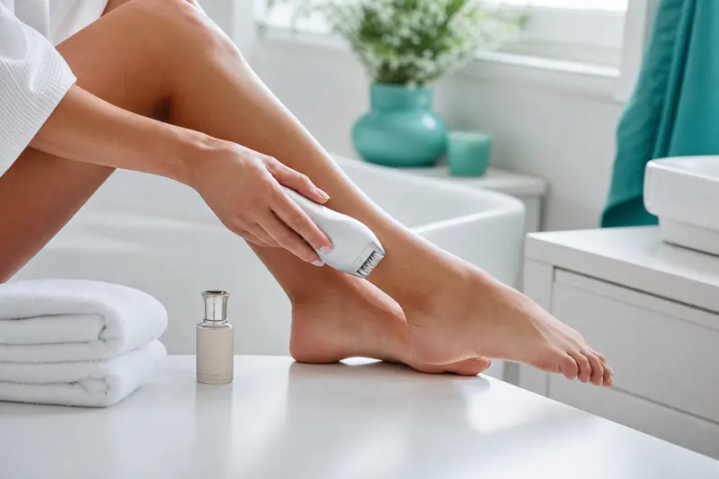 Utilisation d’un épilateur électrique sur une jambe dans une salle de bains lumineuse.