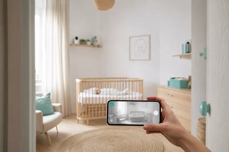 Smartphone et babyphone connecté installés à distance sécurisée d'un berceau.