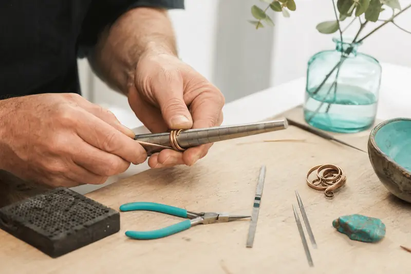 Mains d’artisan façonnant un bijou en fil de bronze sur un établi.