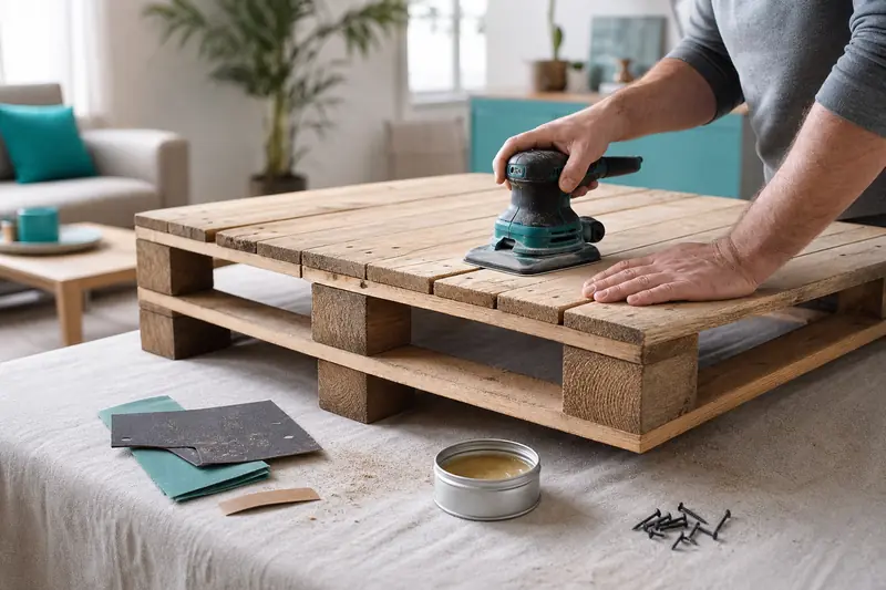 Fabrication d’une table basse avec une palette en bois poncée à la main