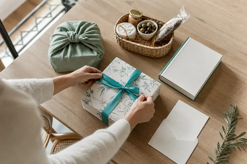 Sélection d’idées cadeaux emballées sur une table lumineuse.