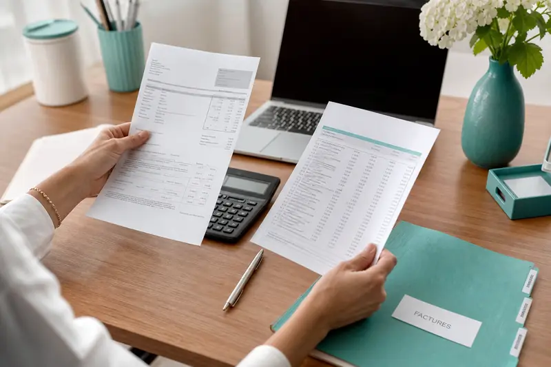 Vérification d’une facture et de preuves de paiement sur un bureau clair