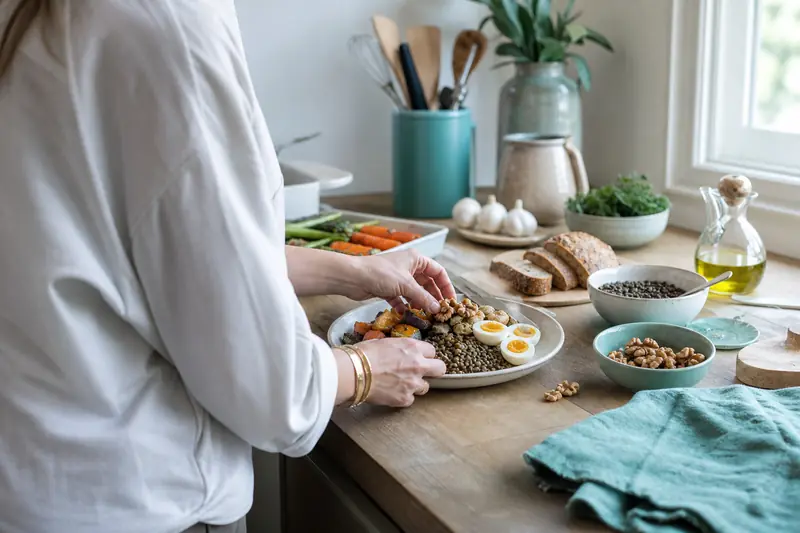 Une personne prépare un repas équilibré contre la faim persistante dans sa cuisine.