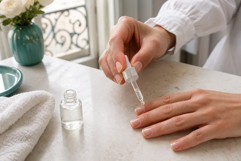 Application d’huile pour cuticules sur des ongles naturels avec une pipette