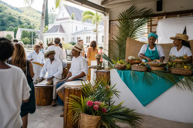 Musiciens et stands culinaires lors d’une fête locale aux Seychelles