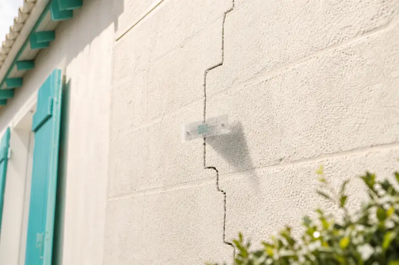 Fissure fine en escalier suivant les joints sur la façade enduite d'une maison individuelle