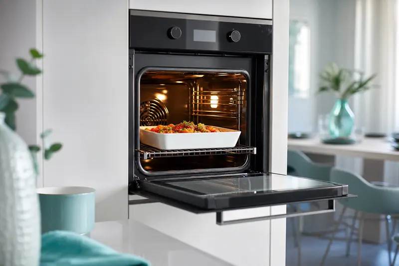 Four encastrable ouvert avec un plat posé sur la grille dans une cuisine