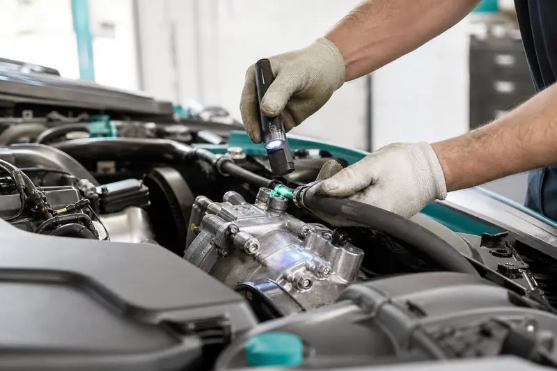 Technicien inspectant une fuite d’huile sur un compresseur de climatisation automobile