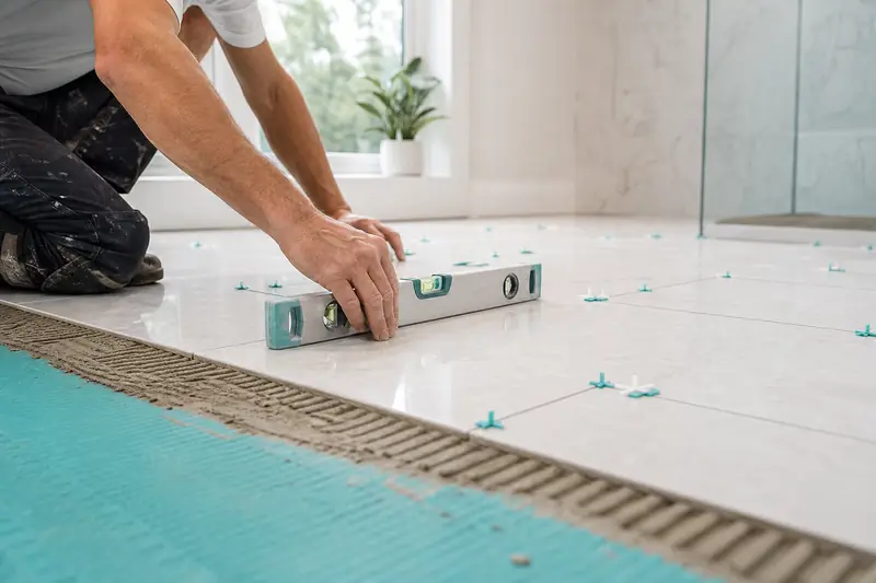 Pose professionnelle de carrelage avec contrôle d’alignement dans une salle d’eau.