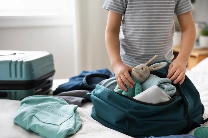 Enfant avec un sac à dos préparant sa valise pour partir chez l'autre parent