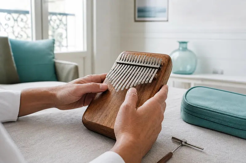 Mains jouant un kalimba Gecko en bois sur une table lumineuse