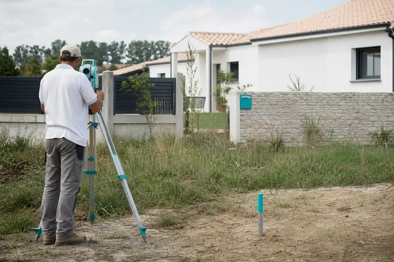 Géomètre expert réalisant un bornage de terrain dans un jardin en Gironde