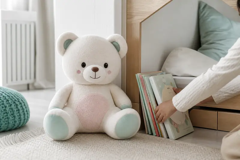 Grand nounours kawaii posé dans un coin lecture de chambre d’enfant.