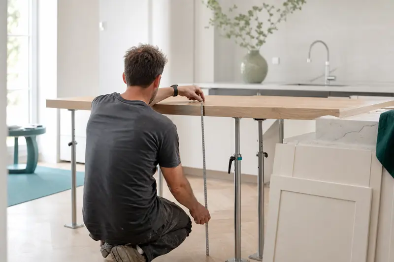 Réglage de la hauteur d’un plan de travail dans une cuisine sur mesure