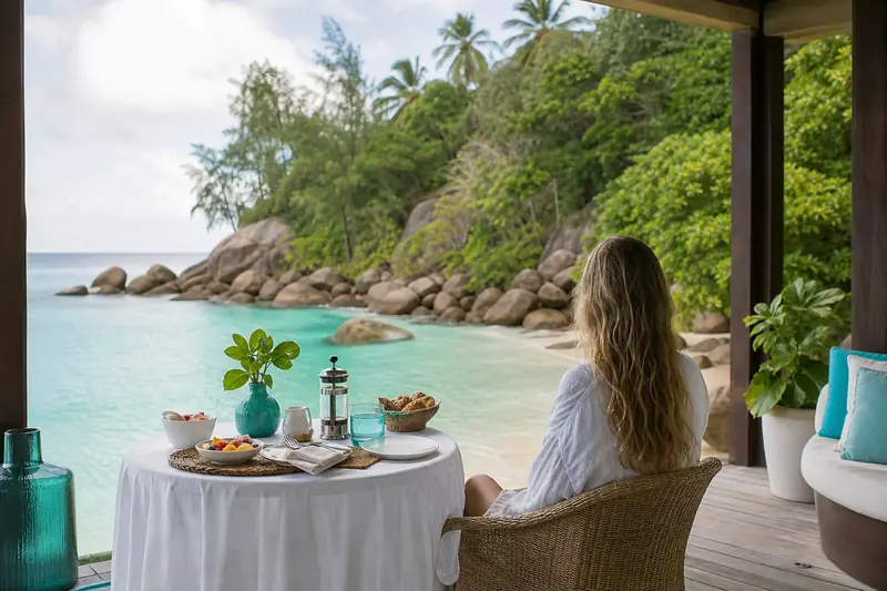 Terrasse d’un hébergement de charme aux Seychelles face aux rochers granitiques.