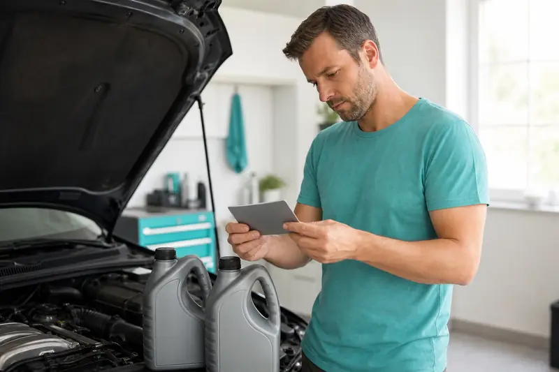 Bidon d’huile moteur 5W30 près d’un moteur de voiture ouvert