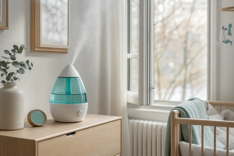 Humidificateur à vapeur froide dans une chambre de bébé lumineuse et aérée
