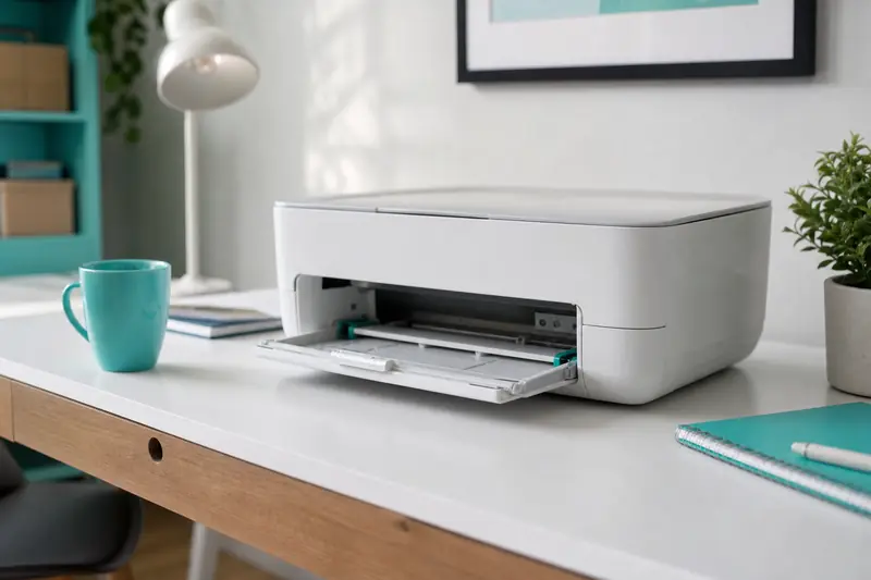 Imprimante de bureau avec un tiroir à papier ouvert sur un plan de travail