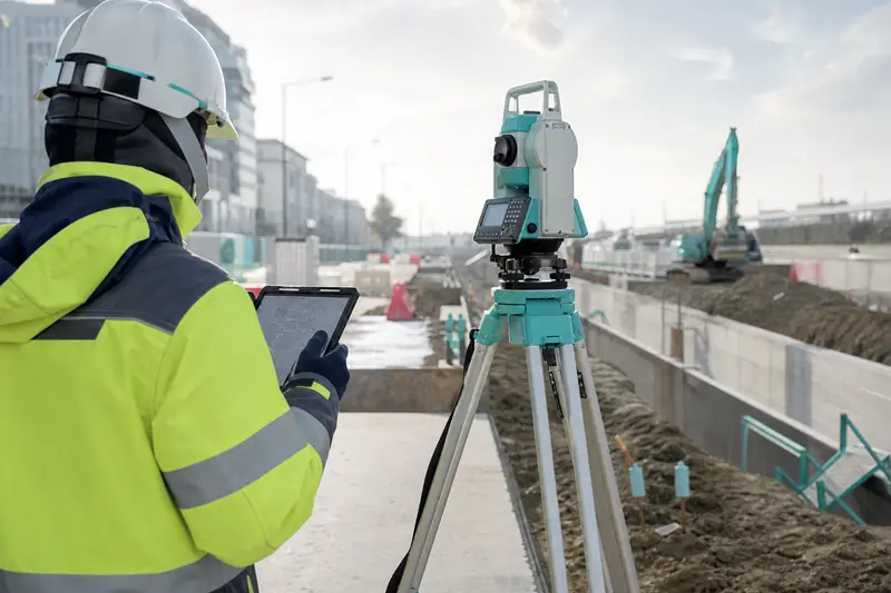 Ingénieur géomètre utilisant une station totale sur un chantier urbain français