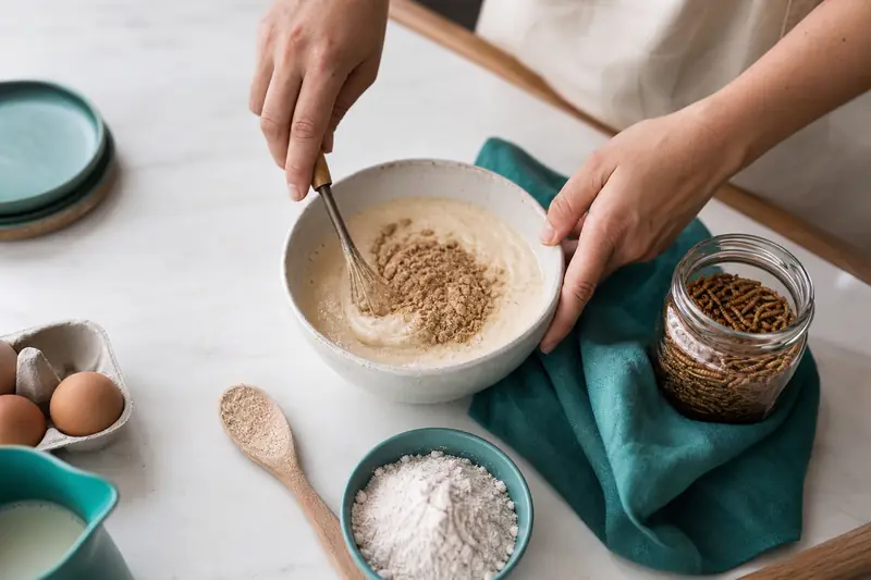 Préparation de pâte à crêpes avec poudre d’insectes comestibles dans une cuisine.