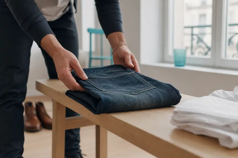 Un jeans indigo plié sur un banc dans un dressing lumineux.