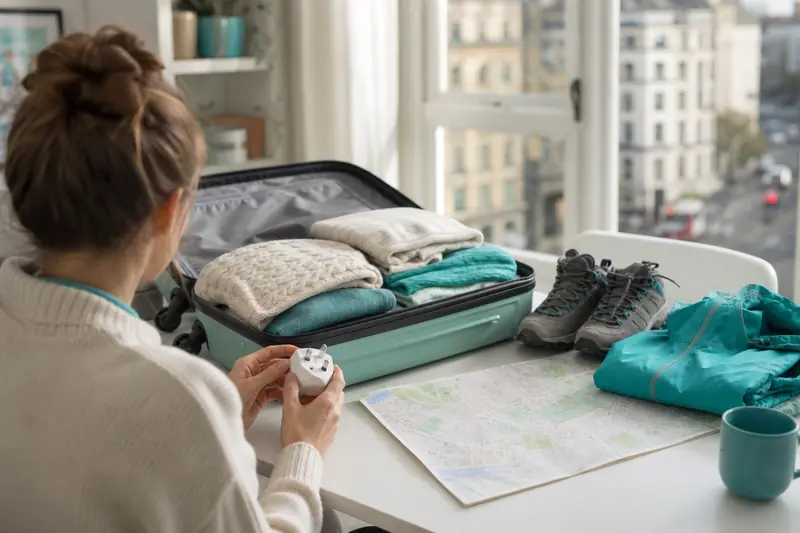 Préparation d’un séjour à Londres avec valise, adaptateur et vêtements de voyage.