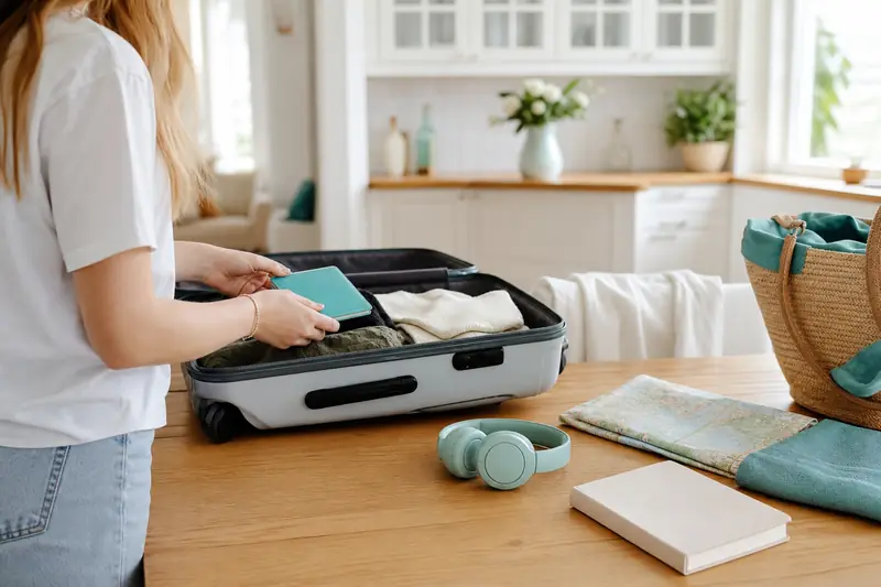Étudiante préparant son séjour linguistique avec valise, documents et carnet de voyage.