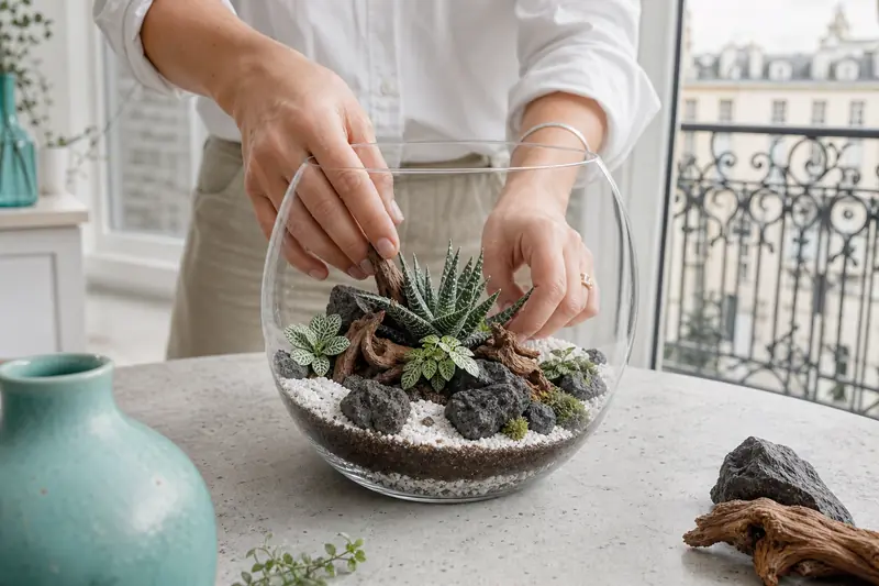 Terrarium de plantes imaginaires avec roches volcaniques, succulentes et graviers clairs.