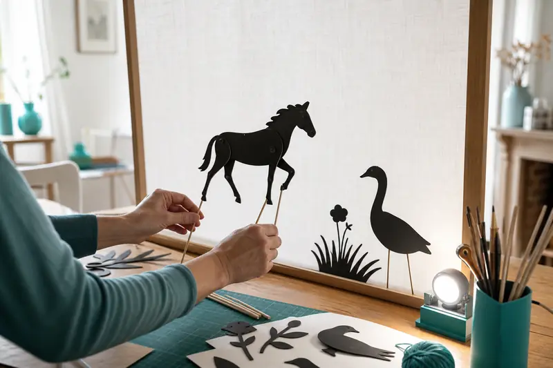 Marionnettes en papier devant un écran pour spectacle d’ombres chinoises