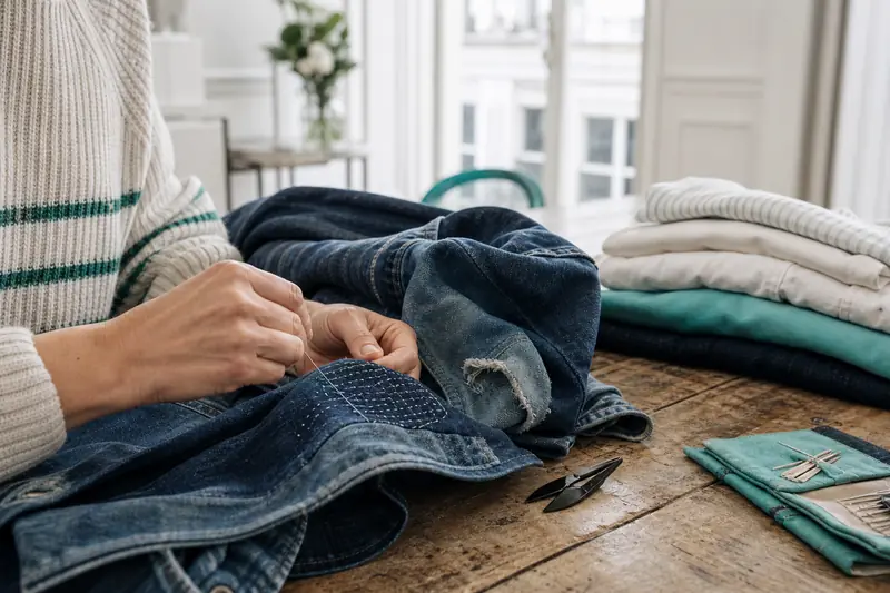 Réparation d’un jean illustrant la durabilité dans la mode au quotidien