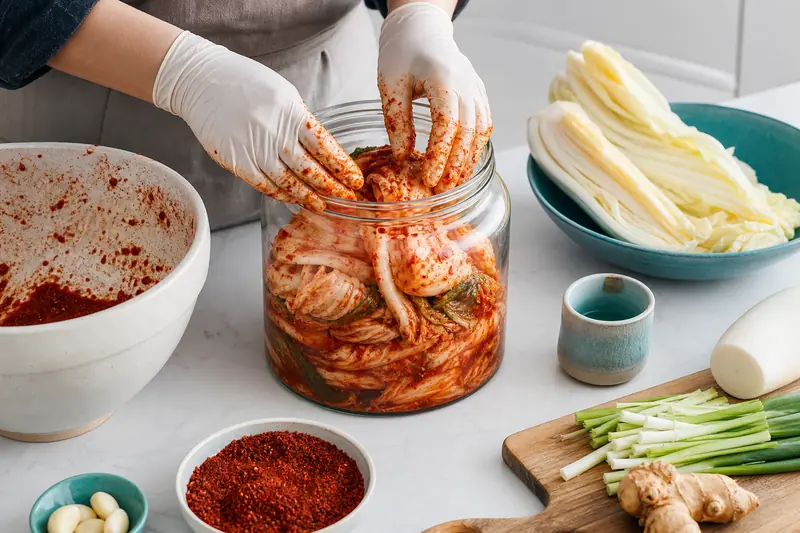 Préparation d’un kimchi maison dans un bocal avec chou chinois et piment rouge