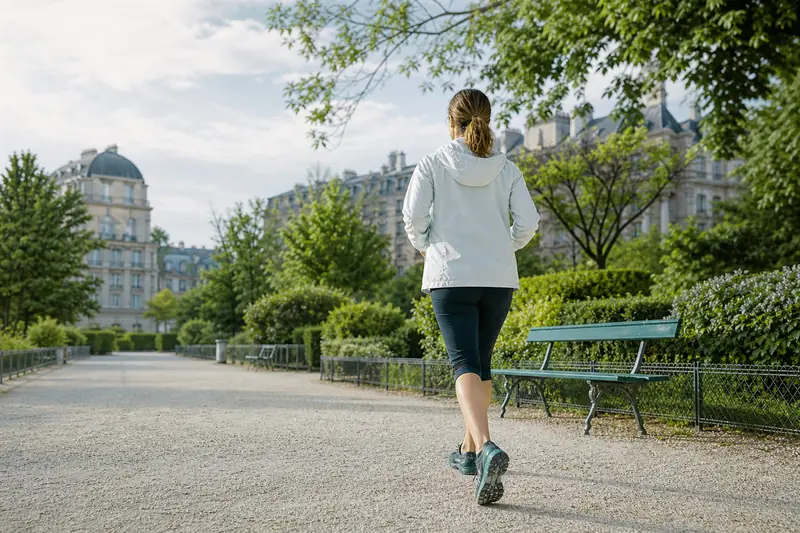 Une femme pratique la marche sportive sur un chemin de parc urbain.