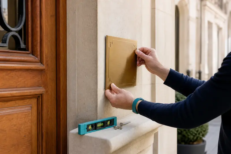 Pose soignée d’une plaque professionnelle sur la façade d’un cabinet français.
