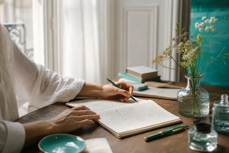 Création poétique manuscrite sur un bureau lumineux avec carnet et stylo