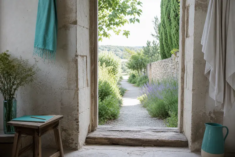 Porte vide en pierre ouvrant sur un jardin lumineux, symbole de transition.