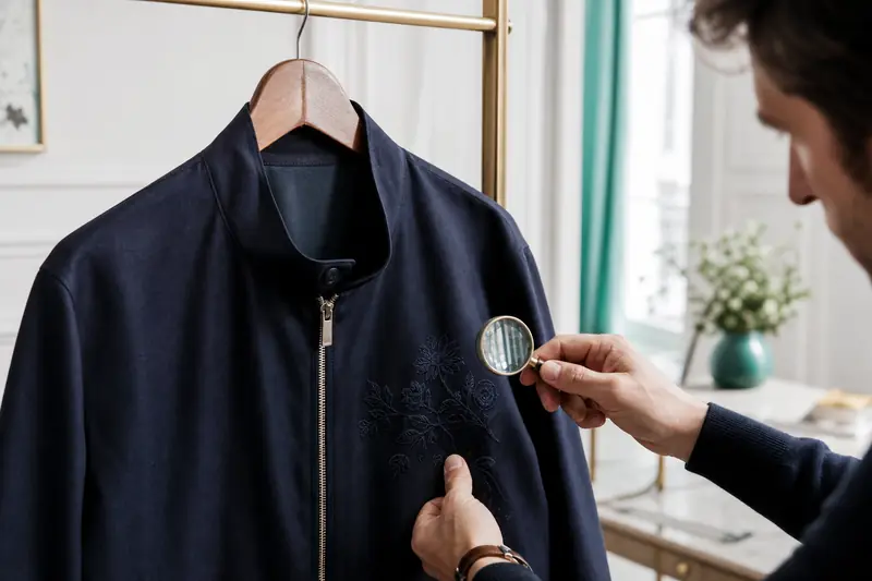 Veste homme Ralph Lauren examinée pour sa broderie et ses finitions.