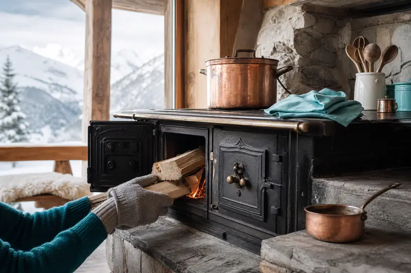Fourneau à bois en fonte dans la cuisine d’un chalet alpin