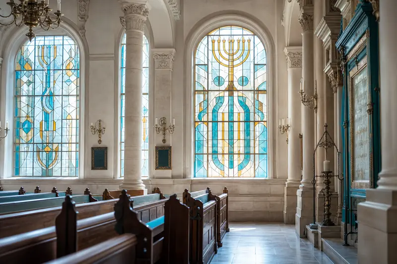 Vitraux colorés dans une synagogue ashkénaze, éclairant des bancs en bois.