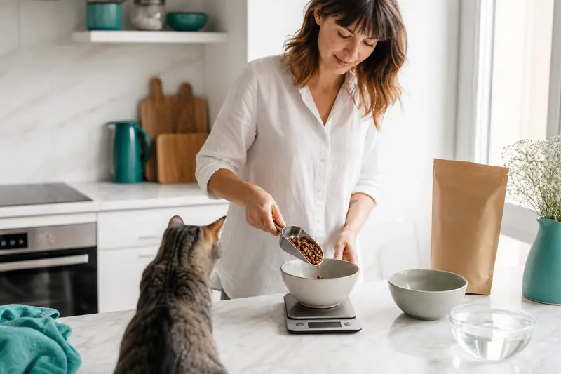Transition alimentaire de croquettes vétérinaires pesées dans une cuisine lumineuse pour un chat