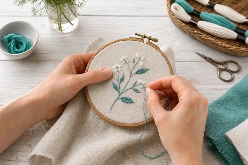 Mains réalisant une broderie florale sur un tambour en bois