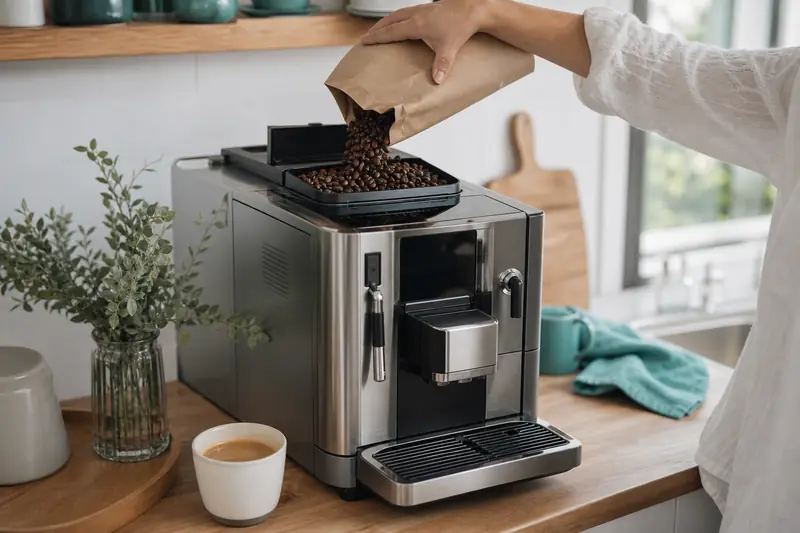 Café en grain italien versé dans une machine à café automatique.