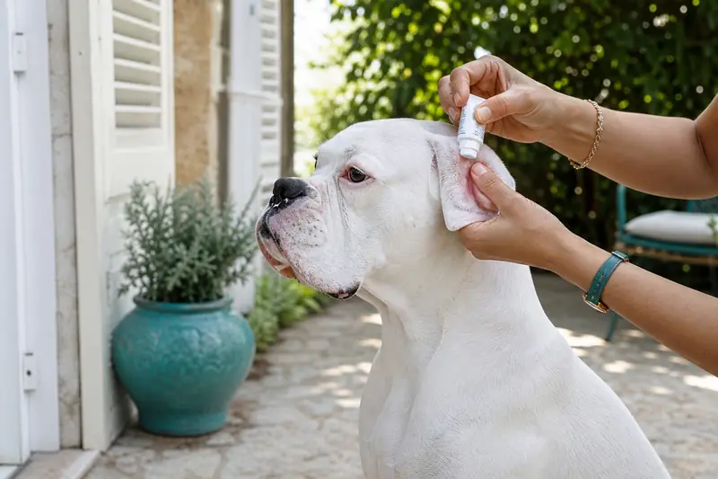 Boxer blanc recevant une protection solaire sur l’oreille dans un jardin.