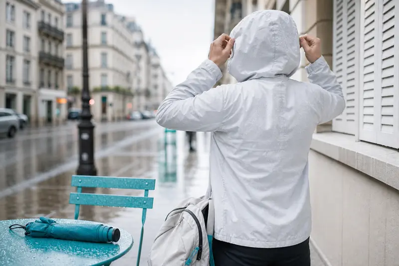 Personne ajustant un coupe-vent imperméable sous une pluie légère en ville