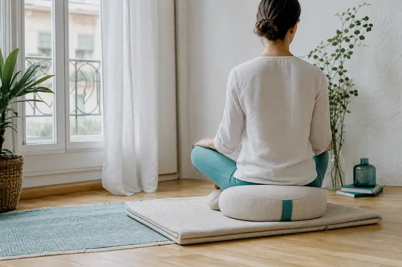 Personne assise sur un coussin de méditation dans un intérieur lumineux.