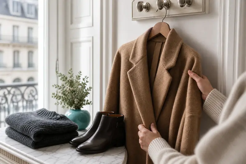 Manteau en laine camel accroché dans une entrée lumineuse avec pull d’hiver.